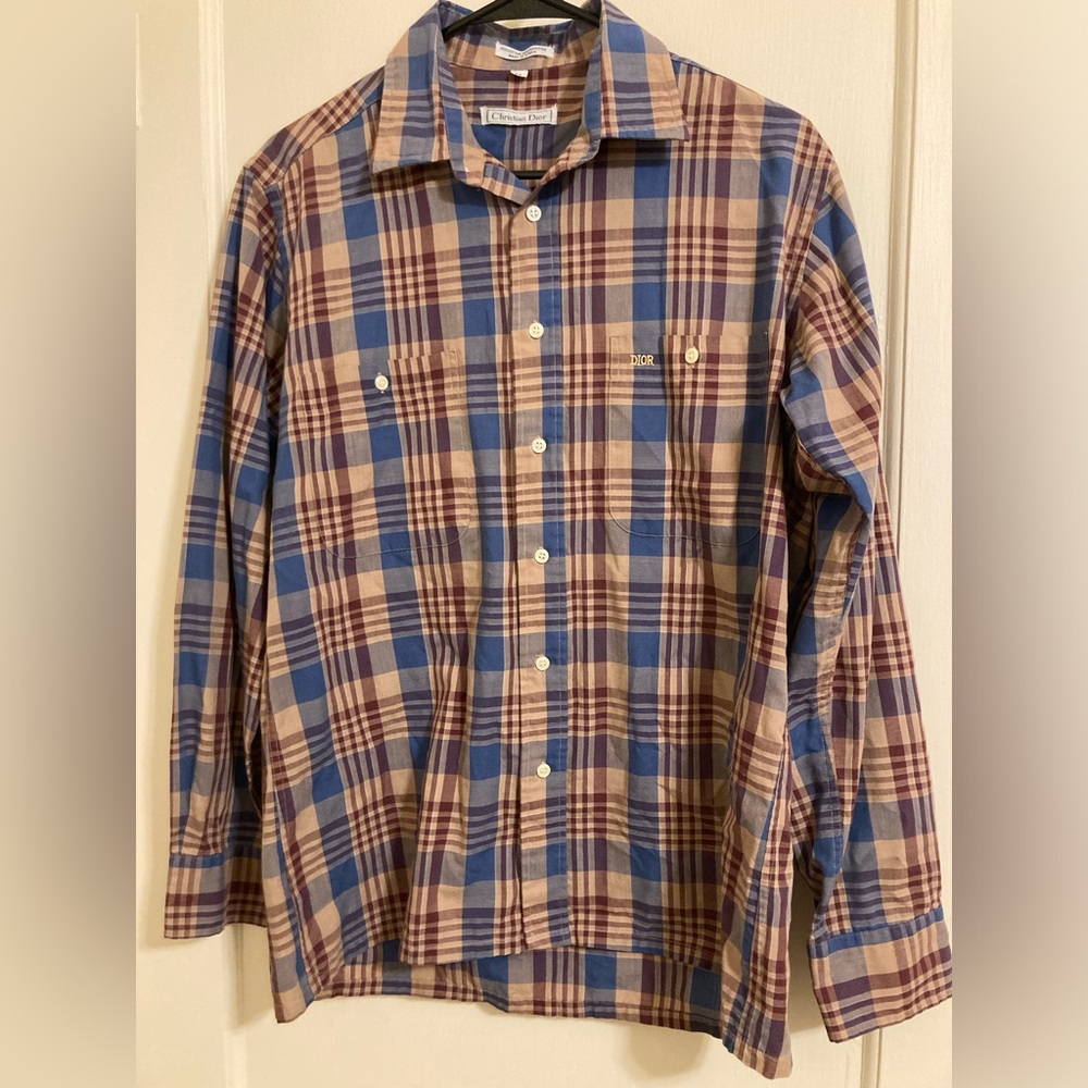 Vintage Christian Dior button down shirt plaid blue red beige Size M